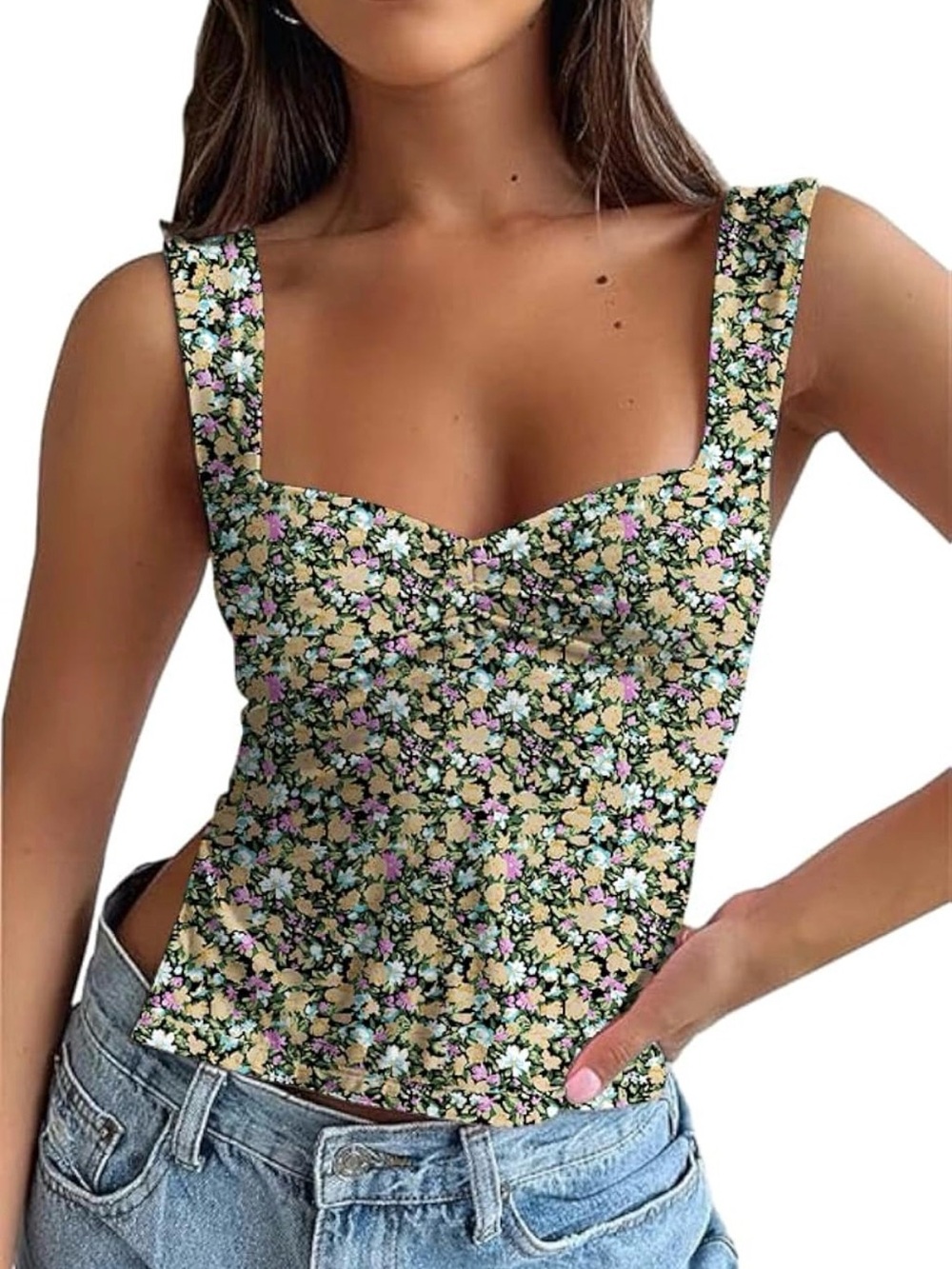 Square-Neck Floral Tank Top in Black Multi